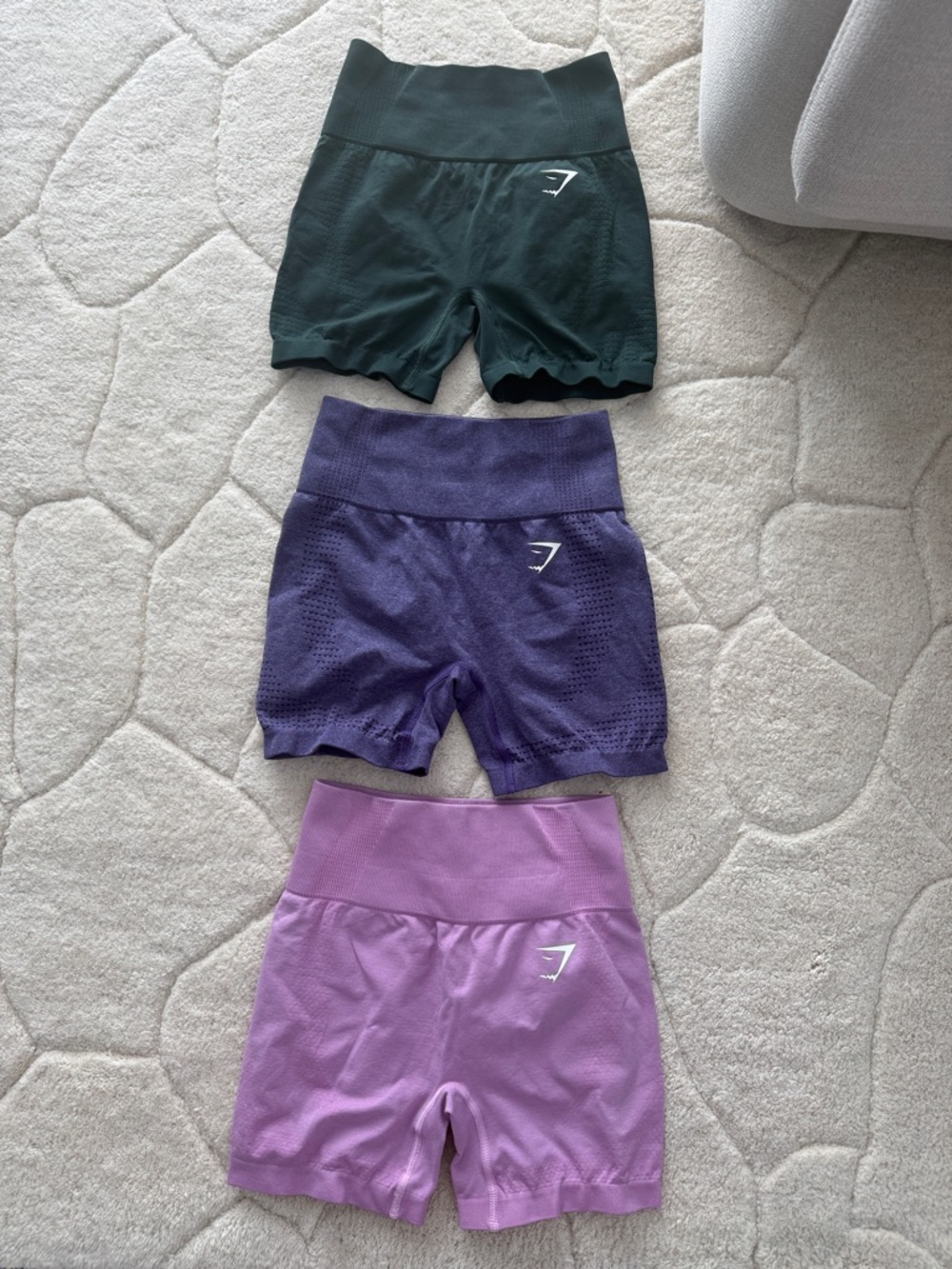 Gymshark 3 Seamless High-Waist Shorts — Dark Green, Purple, sour pink